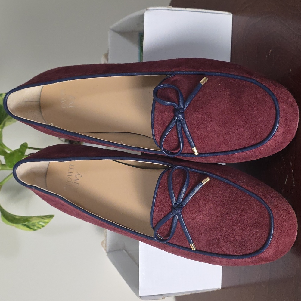 Maroon Suede Loafers with Navy Trim By Crown & Ivy
